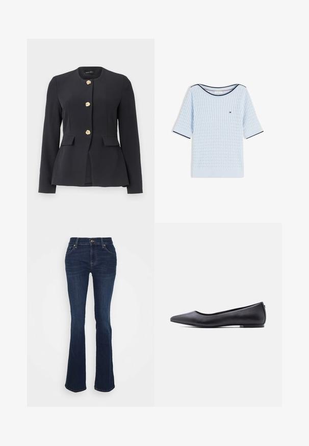 Sort skræddersyet blazer med lange ærmer, rund krave, to forlommer med klap og tre dekorative gyldne blomsterknapper.; Lyseblå kortærmet strikket sweater med kabelmønster, ribbede manchetter og kant, navy kant og lille Tommy Hilfiger-logo på brystet.; Mørkeblå udvidede jeans lavet af denim; høj talje, fem lommer, guld hardware accenter og glat tekstur med subtil fading ved lårene.; Sort flad lædersko med spidst tåparti og lav hæl, vist i sideprofil mod en hvid baggrund.