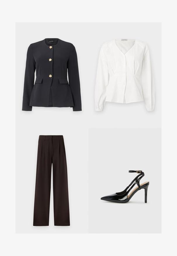 Schwarzer maßgeschneiderter Blazer mit langen Ärmeln, rundem Kragen, zwei vorderen Pattentaschen und drei dekorativen goldenen Blumenknöpfen.; Weiße Bluse mit langen Ärmeln, V-Ausschnitt, Knopfleiste, tailliertem Schnitt und elastischen Bündchen, auf einfarbigem Hintergrund dargestellt.; Dunkelbraune Hosen mit weitem Bein, Falten und Gürtelschlaufen, vorne mit Reißverschluss und sauberem Saum vor einfarbigem Hintergrund.; Schwarze Patentleder-High-Heel-Slingback-Pumps mit spitzem Zeh, verstellbarem Knöchelriemen und offenen Seiten. Glatte Textur.