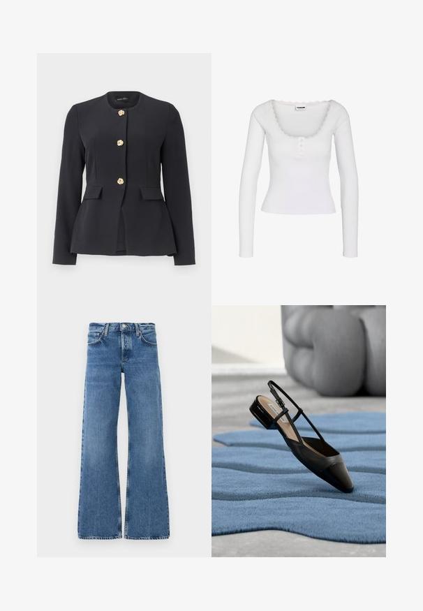 Sort skræddersyet blazer med lange ærmer, rund krave, to forlommer med klap og tre dekorative gyldne blomsterknapper.; Hvid langærmet ribbet skjorte med rund halsudskæring, tre små knapper foran og blonder rundt om kraven.; Bredde ben jeans i blå denim med en falmet vask, frontlommer, en knaplukning og slidte kanter ved benene.; Sort laklædersko med slingback og lav blokhæl, hvilende på et tekstureret blåt bølgemønster tæppe og gråt polstret møbel.