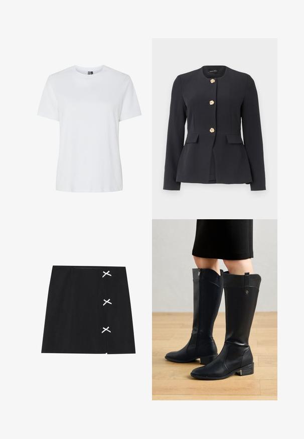 Blazer negro a medida con mangas largas, cuello redondo, dos bolsillos frontales con solapa y tres botones decorativos dorados con diseño floral.; Camiseta de algodón blanca con mangas cortas y escote redondo. Textura suave, corte relajado y sin patrones ni acentos visibles.; Minifalda negra con una textura suave, que presenta cintas blancas cruzadas en el lado izquierdo. Diseño sencillo con corte recto.; Botas de cuero negro hasta la rodilla con un acabado suave. Presentan una cremallera lateral, parte superior acanalada y un tacón bajo y cuadrado.