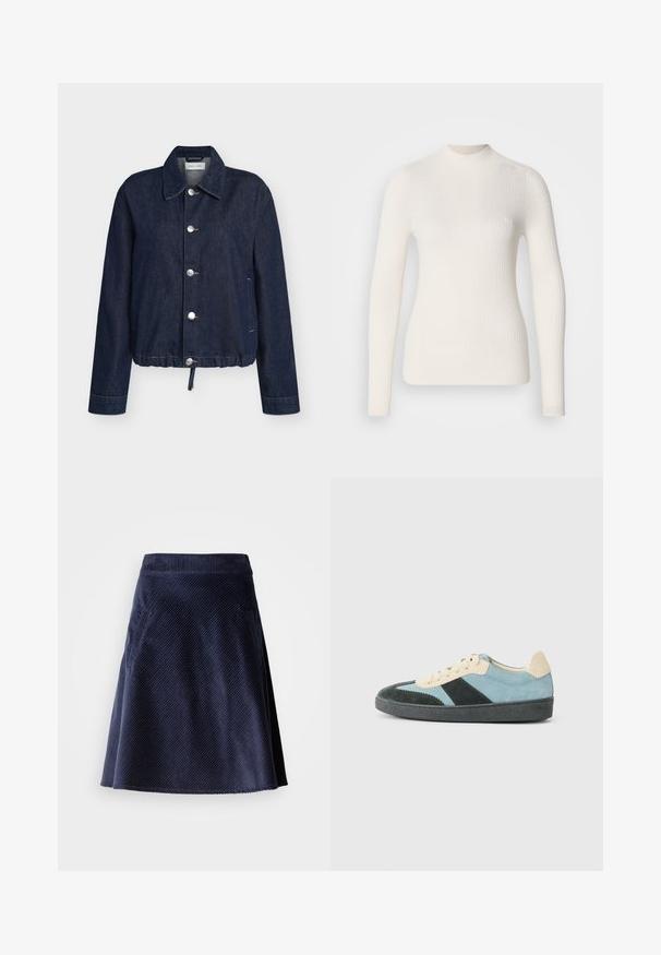 Donkerblauwe spijkerjas met puntige kraag, vijf zilveren knopen, lange mouwen, zijzakken en een tunnelkoordzoom.; Witte geribbelde longsleeve top met een hoge hals. Heeft een getailleerde vorm en een subtiele logodetaillering op de borst. Gladde textuur.; Marine corduroy rok met een uitlopende vorm, voorzien van een diagonale ribstructuur en twee zijzakken. Kortere zoom met een rafelige rand.; Laag model sneaker in lichtblauw, donkergroen en beige zacht leer met een zwarte zool en beige veters, getoond vanuit de zijkant.