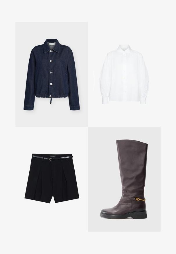 Veste en denim bleu foncé avec col pointu, cinq boutons argentés, manches longues, poches latérales et ourlet à cordon.; Seidensticker Chemisier - white; Shorts noirs ajustés avec des plis, dotés d'une ceinture noire slim avec une boucle en or. Fabriqués dans un tissu lisse, offrant un look soigné.; Botte en cuir brun hauteur genou avec une texture lisse, dotée d'un accent en matériel doré et d'une épaisse semelle en caoutchouc noir.