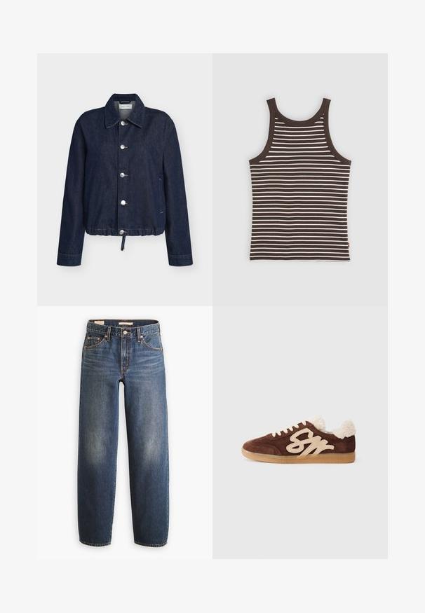 Mørkeblå denimjakke med spids krave, fem sølvknapper, lange ærmer, sidelommer og snøre i kanten.; Brun og hvid vandret striped ærmeløs ribbet tank top med rund halsudskæring og tætsiddende pasform.; Mørkeblå denimjeans med en straight-leg design, der har fem lommer, kobbernitter og diskret falmning på lårene.; Brune ruskinds sneakers med cremefarvet faux fur-foring og et fremtrædende beige logo. Har hvide snørebånd og en struktureret gummisål.