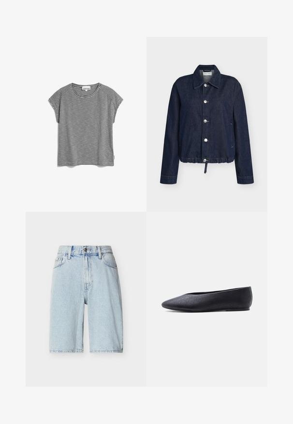 Donkerblauwe spijkerjas met puntige kraag, vijf zilveren knopen, lange mouwen, zijzakken en een tunnelkoordzoom.; Zwart-wit gestreepte t-shirt met korte mouwen en een ronde hals, van lichtgewicht stof en met een rechte snit, met raglan mouwen.; Lichtblauwe denim shorts met hoge taille, knoop- en ritssluiting, riemlussen en voorzakken.; Zwarte platte balletschoen met puntige neus en subtiel geperforeerd patroon, zijaanzicht op een effen witte achtergrond.