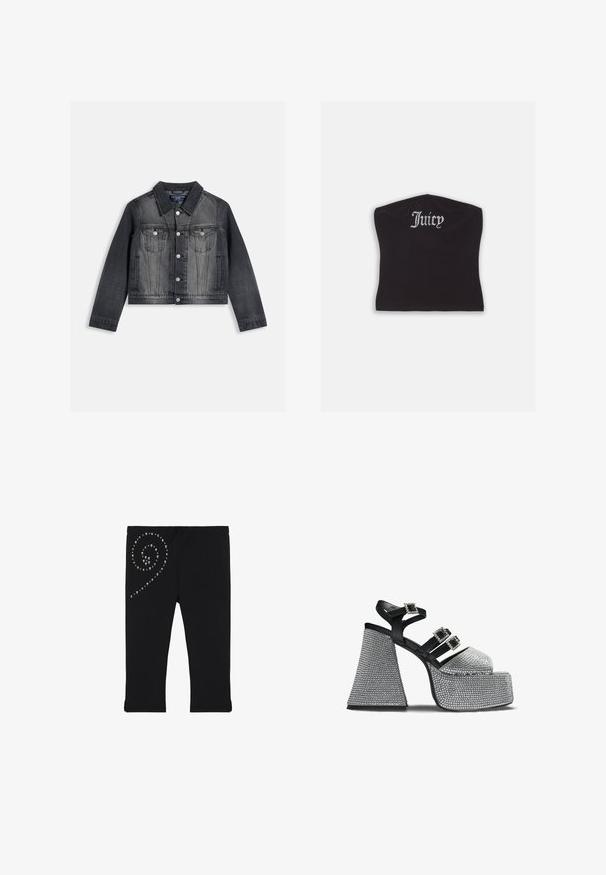 Veste en jean noire avec fermeture à boutons, deux poches poitrine à rabat, poches latérales et une étiquette Juicy Couture visible à l'intérieur du col.; Top court noir ajusté avec une texture lisse et un décolleté arrondi, orné de lettres en strass épelant "Juicy" à l'avant.; Leggings noirs arrivant aux genoux avec des clous métalliques disposés en motif en spirale sur la partie supérieure de la cuisse gauche.; Sandale à plateforme noire et argentée avec trois brides ornées de boucles en strass et un talon large et texturé.