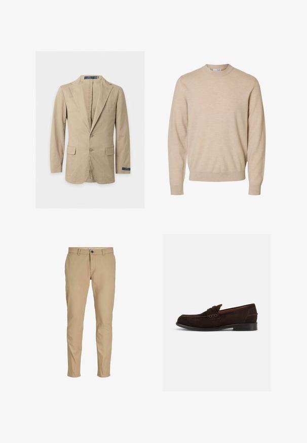 Blazer beige à deux boutons avec revers crantés, poches avant à rabat, poche poitrine, et étiquette Polo Ralph Lauren sur la manche et à l’intérieur du col.; Pull beige à manches longues et col rond en tissu tricoté doux, avec poignets et ourlet côtelés, conçu pour hommes.; Pantalon beige slim pour homme avec passants de ceinture, fermeture à boutons à l'avant et poches latérales sur fond blanc.; Mocassin pour homme en daim marron foncé avec couture décorative et talon bas, présenté de profil droit sur un fond clair uni.