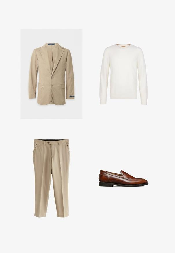 Blazer beige à deux boutons avec revers crantés, poches avant à rabat, poche poitrine, et étiquette Polo Ralph Lauren sur la manche et à l’intérieur du col.; Pull blanc uni à manches longues avec col rond, design simple et petite étiquette marron à l’intérieur du col.; Pantalons beiges en tissu lisse, avec une taille plate, des poches latérales et une seule poche arrière. Taille standard avec fermeture à bouton.; Mocassins en cuir marron avec un bout arrondi, texture lisse, coutures minimales et un petit talon empilé, présentant un design subtil et élégant.
