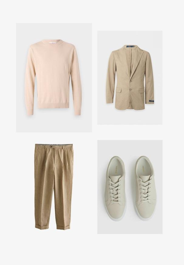 Blazer beige de dos botones con solapas con muesca, bolsillos delanteros con solapa, bolsillo en el pecho y etiqueta Polo Ralph Lauren en la manga y en el interior del cuello.; Suéter de punto beige con cuello redondo, mangas largas, puños y bajo acanalados, hecho de una tela suave, que presenta una textura lisa.; Pantalones beige plisados con bolsillos laterales, cierre de botones, bajos con puños y un corte entallado.; Zapatillas de cuero color beige claro con un acabado texturizado, que cuentan con seis ojales, cordones planos y una suela de goma blanca. Diseño de marca en dorado en el interior.