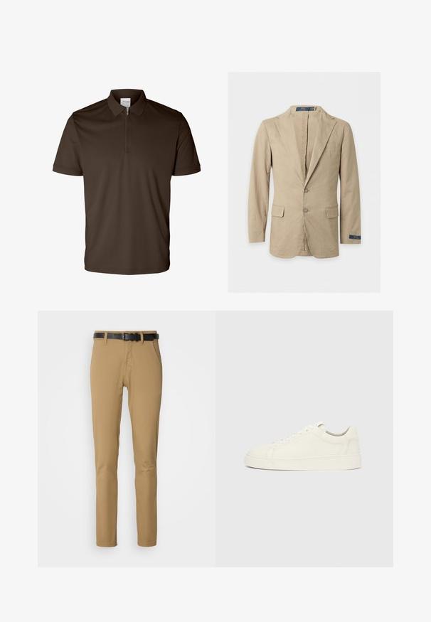 Beige blazer med to knapper, hakkede revers, forlommer med klap, brystlomme og Polo Ralph Lauren-mærke på ærmet og indersiden af kraven.; Mørkebrun polo med korte ærmer, krave og halv lynlås foran, vist på hvid baggrund.; Khaki bukser med slim fit design, lavet af blødt stof. Har et sort bælte, to forlommer og en lige benpasform.; Hvid læder sneaker med lavt skaft, snørelukning og flad sål på ensartet lysegrå baggrund, set fra siden.