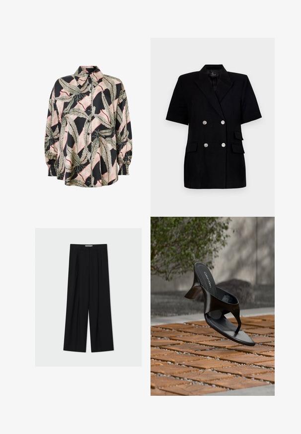 Sort linned blazer med korte ærmer, dobbeltknap-design, to sidelommer og blanke sølvknapper. Glat tekstur og skræddersyet pasform.; Skjorte med knapper i silke-blanding, der har en sort bund med et abstrakt bladmønster i grøn og pink. Pufærmer med elastiske manchetter.; Sorte vidde bukser med høj talje, bæltestropper og forreste læg, vist mod en lys grå baggrund.; Sort Calvin Klein hæl-sandal med åben tå, der svæver over en udendørs flisebelagt overflade med grønne planter og en betonvæg i baggrunden.