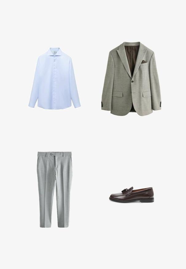 Blazer gris claro hecho de tela texturada con un sutil patrón de cuadros, dos bolsillos frontales, un forro interior marrón y un pañuelo de bolsillo.; Camisa de manga larga azul clara en un tejido suave, con cuello puntiagudo y botonera completa con botones blancos. Sin estampados ni acentos.; Next REGULAR FIT - SLIM FIT MOTIONFLEX TEXTURED SUIT TROUSERS . - Pantalón de traje - grey; Mocasín de cuero marrón con adorno de borla, puntera redondeada y detalle de costura blanca a lo largo de la suela, con una suela de goma de perfil bajo.