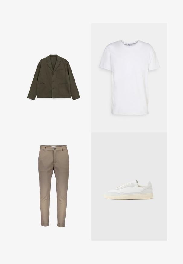 Chaqueta casual verde oliva oscuro con tres botones delanteros y tres grandes bolsillos de parche, con cuello con muesca y mangas largas.; Camiseta blanca de manga corta hecha de algodón. Presenta un escote redondo y un corte holgado, sin patrones ni acentos visibles.; Pantalones de mezcla de algodón beige con un ajuste entallado, que cuentan con cierre de botón, trabillas para cinturón y puños doblados. Textura suave con costuras limpias.; Zapatilla blanca con parte superior texturizada de ante y cuero. Presenta una puntera redondeada, cierre con cordones y suela de goma beige contrastante.