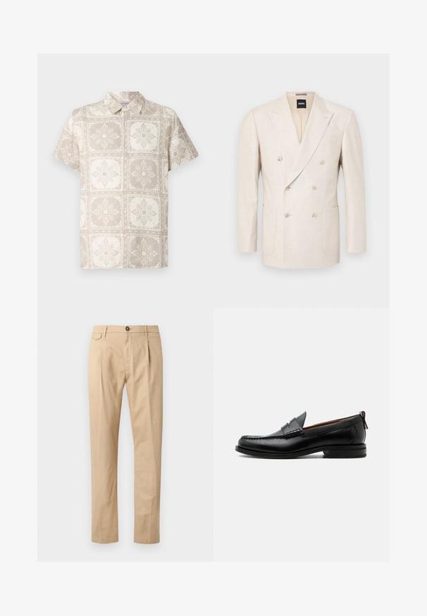 Beige Doppelreiher-Blazer aus strukturiertem Stoff. Verfügt über zwei aufgesetzte Taschen und einen Reverskragen. Markenlabel innen am Kragen sichtbar.; Beige Kurzarm-Hemd mit Knopfleiste und einem wiederkehrenden floralen Muster. Hergestellt aus einem leichten Stoff mit einer natürlichen, strukturierten Optik.; Beige Baumwollhosen für Herren im Straight-Leg-Schnitt mit Fronttaschen, Gürtelschlaufen, Knopfverschluss und Reißverschluss auf einem weißen Hintergrund.; Schwarzer Leder-Herrenschuh mit Mokassinnaht, Penny-Riemen, strukturiertem Kragen und niedrigem gestapeltem Absatz auf weißem Hintergrund.