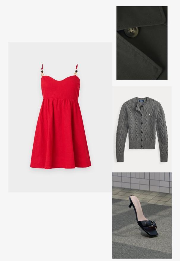 Vero Moda VMCHLOE - Kerge jope - black; Hall triibuline kampsun, ees nööbitel, pikad varrukad, soonikkoes mansetid ja alläär, rinnal väike valge tikandiga logo.; Punane linane kleit, millel on sobiv bodi, laienev seelik ja reguleeritavad rihmad, millel on puidust helmed. Sile tekstuur.; Must nahkkingade sandaal ruudukujulise varbaga, hõbedase pandlaga rihmal, paigutatud asfaldile lähesttilesetatud seinatoe lähedal.