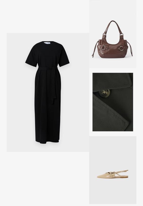 Vero Moda VMCHLOE - Overgangsjakke - black; Sort maxi kjole med korte ærmer, rund halsudskæring, taljebælte og sidelommer. Fremstillet af blødt, tekstureret stof.; Beige patenteret læder slingback flade sko med spids tå, dekorative remme og spænder samt en lav hæl. Glat, blank finish med minimal dekoration.; Brun læderhåndtaske med rund form, sølvhardware, to sideskuldre og en glat tekstur. Har en enkelt toppen håndtag.