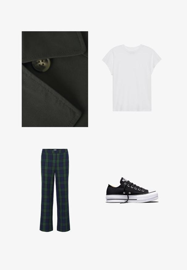 Vero Moda VMCHLOE - Chaqueta de entretiempo - black; Camiseta blanca de manga corta con cuello redondo, corte relajado, hecha de suave tela de algodón. Textura lisa, sin estampados ni logotipos.; Pantalones a rayas en verde y azul marino con un diseño de pierna recta y una cintura elástica. La tela tiene una textura suave y presenta un clásico patrón de cuadros.; Zapatilla deportiva negra de lona de corte bajo con suela plataforma de goma blanca, cordones negros y ojales de metal sobre fondo blanco.