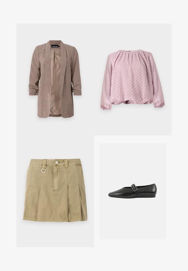 Kariertes Blazer in Brauntönen mit leichtem Innenfutter, langen Ärmeln, die an den Manschetten aufgerollt sind, und einer taillierten Passform.; Hellrosa Bluse mit langen Ärmeln, Zickzackmuster, gerafftem Kragen, elastischen Bündchen und leicht gerafftem Saum.; Helle olivgrüne Jeansrock mit vier messerscharfen Falten, einem Knopfverschluss vorne und einer Metallring-Akzentuierung am Bund.; Schwarze Lederflachschuhe mit spitzem Zehenbereich, ausgestattet mit einem metallischen Riemen über dem Spann und einer niedrigen, flexiblen Sohle.