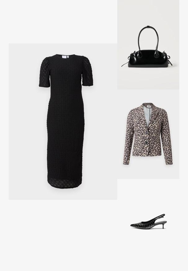 Blazer de estampado de leopardo en beige y negro, con un corte entallado, solapa con muesca, dos botones y textura de tela suave. Cuenta con bolsillos laterales.; Vestido negro midi con mangas cortas abullonadas y un patrón circular de encaje en todo el tejido, con cuello redondo y corte recto.; Zapatos de tacón slingback de cuero negro con punta afilada y tacón pequeño. Decorados con tachuelas metálicas a lo largo del empeine para añadir textura.; Pequeño bolso negro brillante con dos asas largas y detalles de cordón lateral sobre un fondo claro liso.