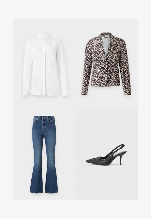 Leopardmuster-Blazer in Beige und Schwarz, mit figurbetontem Schnitt, Reverskragen, zwei Knöpfen und glatter Stoffstruktur. Mit seitlichen Taschen.; Weißes Langarmhemd aus glattem Baumwollstoff. Verfügt über einen klassischen Kragen und eine durchgehende Knopfleiste mit geradem Saum und ohne Muster.; Ausgestellte blaue Jeans aus Denim mit hoher Taille, ausgestattet mit einem klassischen Fünf-Taschen-Design und einem Knopfverschluss. Weiche Textur mit leichten Verwaschungseffekten.; Schwarzer Leder-Slingback-Stiletto mit spitzem Zehenaufsatz, seitlichem Schnallenriemen, Nieten entlang der Kante und dekorativer Schnürung vorne.