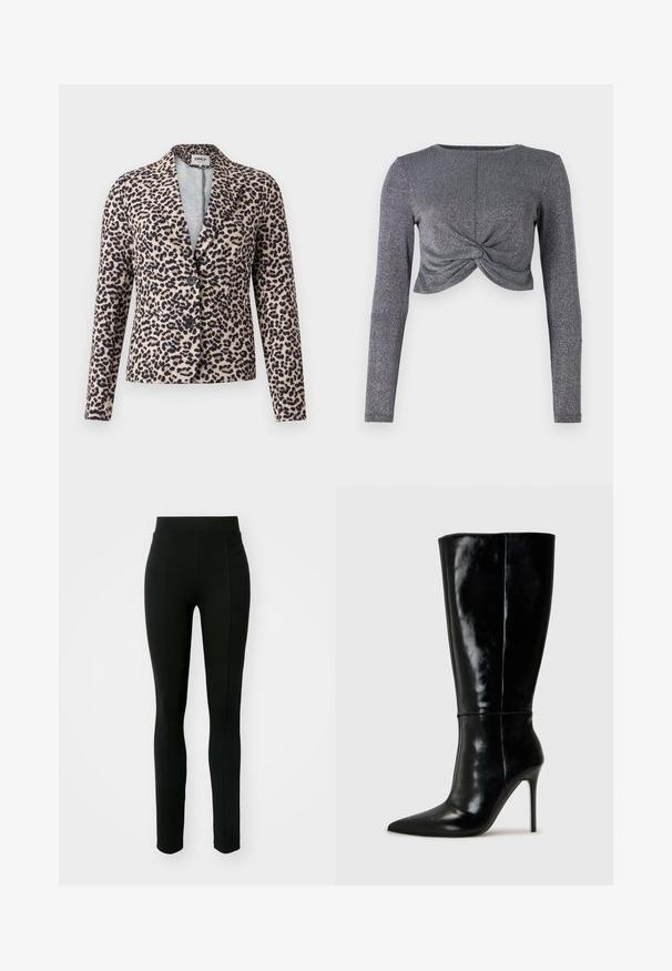 Blazer met luipaardprint in beige en zwart, met een getailleerde pasvorm, een neklapel met insnijding, twee knopen en een gladde stoftextuur. Voorzien van zijzakken.; Zilveren lange mouwen cropped top met gedraaide voorkant, voorzien van een textuur met glinsterende stof voor extra glans en dimensie.; Zwarte leggings van rekbaar materiaal, met een hoge taille, slim fit en twee voorzakken zonder zichtbare naden.; Zwarte leren kniehoge laarzen met een spitse neus en hoge stiletto hak. Soepele textuur en strak ontwerp, met minimale detailing.