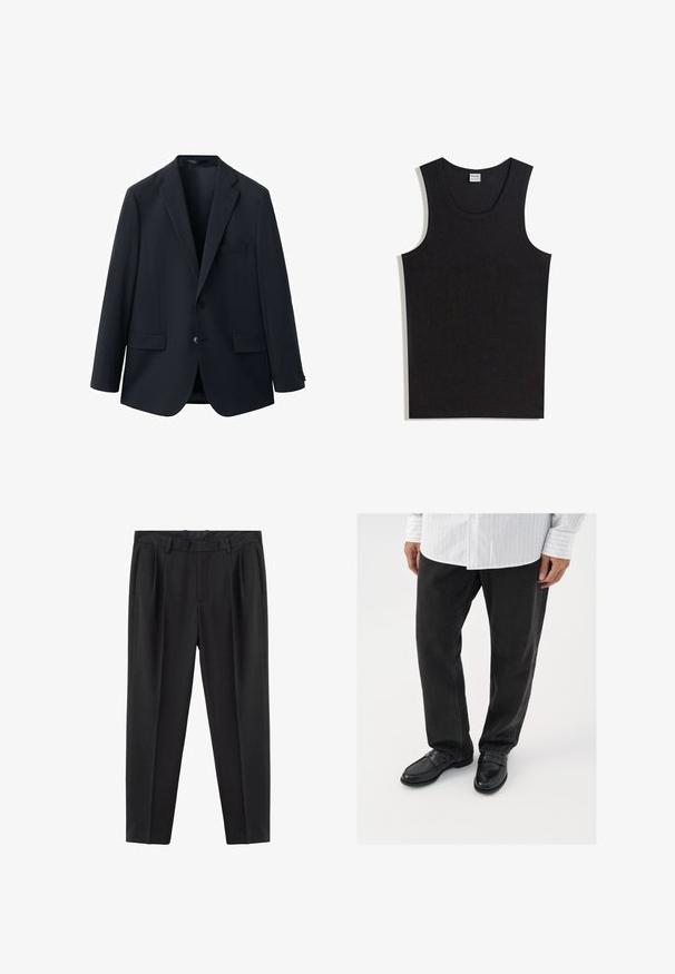 Veste de costume homme bleu marine foncé, sur mesure, avec deux poches à rabat à l'avant, une poche poitrine et une fermeture à deux boutons.; Débardeur noir en coton, doté d'un col rond et d'une coupe sans manches. Texture lisse sans motifs ni accents visibles.; Pantalon noir sur mesure avec passants pour ceinture, plis à l'avant, poches latérales et coupe slim effilée.; Pantalons en denim noir associés à des mocassins noirs brillants. La chemise est blanche avec de fines rayures verticales, avec des manches longues et un col boutonné.