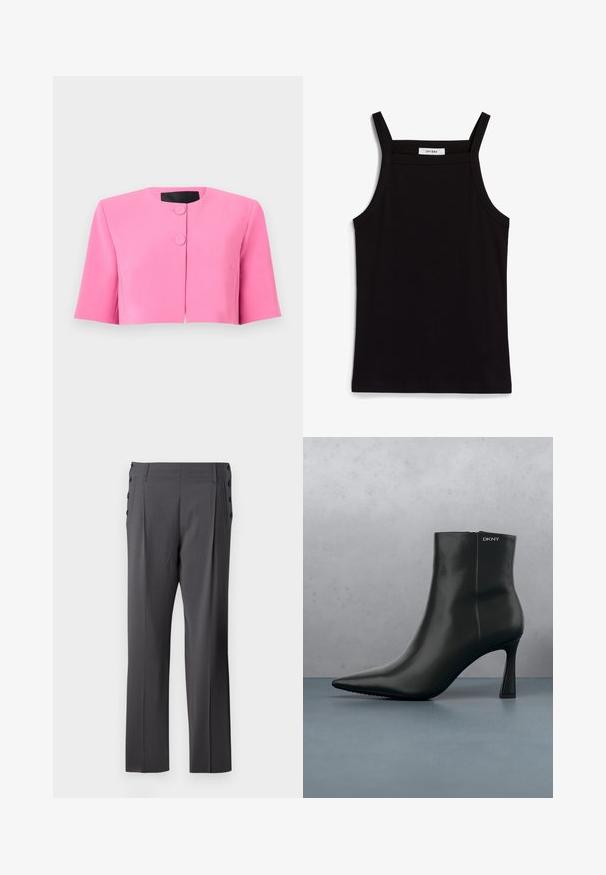 Pink cropped jakke med trekvartlange ærmer og to runde knapper foran, uden krave.; Sort tanktop med tynde spaghetti-stropper, lavet af et ribbet stof, med en lige skæring og et mærke ved halsudskæringen, der står "IVY OAK."; Grå skræddersyede bukser med lige ben, frontfolder og dekorative sidelommer for ekstra detalje. Glat stofstruktur.; Sort læder ankelstøvle med spids tå og geometrisk hæl. Har subtil branding og en glat overflade. Baggrunden består af strukturerede fliser.