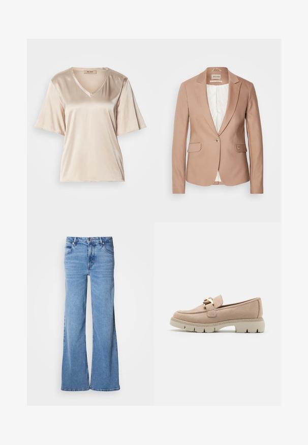 Blazer rose pâle avec revers en chevron, fermeture à un bouton, et deux poches avant ; tissu texturé, doublure douce blanche.; T-shirt en satin beige avec un col en V, des manches courtes évasées et une texture lisse. Le design est simple, sans motifs ni embellissements.; Jean large de couleur bleu clair en denim. Doté d'un design classique à cinq poches et d'une braguette à boutons apparents. Texture douce et finition unie.; Mocassins en daim beige avec un accent en métal doré, semelle texturée et talon épais, présentant une forme classique et un nez arrondi.