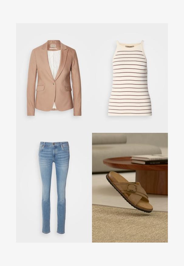 Blush-pinker Blazer mit Reverskragen, einer Knopfverschluss und zwei vorderen Taschen; strukturierter Stoff, weiche Fütterung in Weiß.; Rippiges Tanktop in Creme mit horizontalen braunen Streifen. Verfügt über breite Träger und eine figurnahe Silhouette. Etikett am Hals sichtbar.; Hellblaue Slim-Jeans aus Denim mit einem klassischen Fünf-Taschen-Design, mittlerer Bundhöhe und subtilen Waschungen entlang der Beine.; Hellbrauner Sandale mit großer Schnalle und gekreuzten Riemen auf einem strukturierten beigen Teppich, neben einem runden Holzcouchtisch mit Büchern.