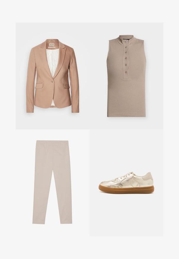 Blazer de color rosa empolvado con solapas de muesca, cierre de botón único y dos bolsillos frontales; tela texturizada, forro suave en blanco.; Top sin mangas beige con cuello alto, textura acanalada y una tapeta con seis botones en el frente. Diseño sencillo y forma ajustada.; Pantalones beige hechos de una tela suave, con corte recto, bolsillos frontales y una cinturilla limpia sin adornos ni patrones.; Zapatillas doradas metálicas con un acabado suave, que cuentan con una suela de goma, cordones en la parte frontal y perforaciones sutiles en la puntera.