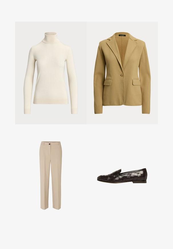 Blazer beige de un solo botón, con solapas con muesca, dos bolsillos con solapa y mangas largas, hecho de tela de punto.; Suéter de cuello alto color crema, hecho de una tela suave, con mangas largas y un diseño ajustado. Incluye un pequeño logo dorado en el dobladillo.; Modström GALE - Pantalones - powder sand; Mocasines de cuero marrón oscuro con un patrón trenzado, suela plana y un ligero tacón. Presentan una tira ancha en la parte delantera.