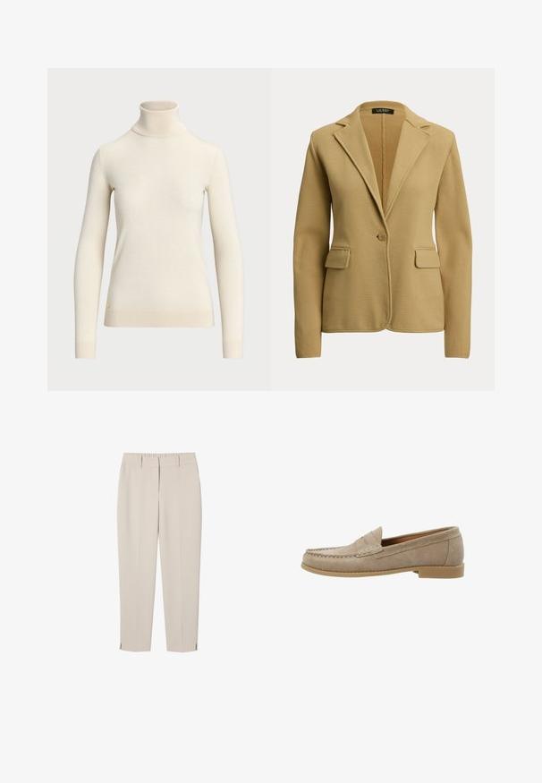 Beiger Ein-Knopf-Blazer mit Kerbkragen, zwei Pattentaschen und langen Ärmeln, aus gestricktem Stoff.; Cremfarbener Rollkragenpullover aus weichem Stoff, mit langen Ärmeln und tailliertem Design. Mit kleinem goldenen Logo am Saum.; Beige Hose mit geradem Bein, Gürtelschlaufen, Seitentaschen und kleinen Schlitzen am Saum, für eine maßgeschneiderte Passform entworfen.; Beige Wildleder-Slipper mit Mokassinnaht, einer flachen Gummisohle und einem klassischen Pennyriemen-Detail am Obermaterial.