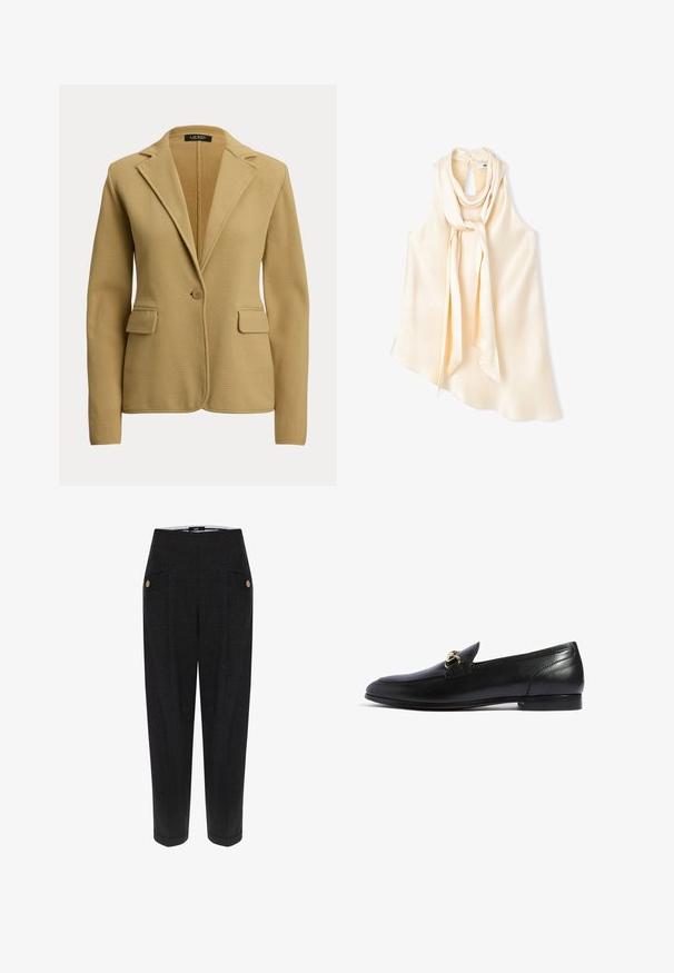 Blazer beige de un solo botón, con solapas con muesca, dos bolsillos con solapa y mangas largas, hecho de tela de punto.; Blusa sin mangas de satén color crema con bufanda larga adjunta, atada suelta en el cuello y bajo asimétrico sobre fondo blanco.; Pantalones negros a medida con un tejido texturizado, que presentan bolsillos frontales, acentos de botones en tono dorado y una silueta ajustada.; Scarosso ALESSANDRA - Zapatos sin cordones - black calf