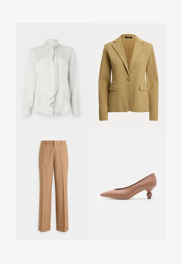 Blazer beige de un solo botón, con solapas con muesca, dos bolsillos con solapa y mangas largas, hecho de tela de punto.; Blusa blanca de manga larga con cuello alto y detalle de bufanda atada en la parte delantera, hecha de una suave tela similar al satén.; Pantalones de sastre en tela suave, con un diseño de pierna recta, pliegues marcados y dobladillo vuelto para un aspecto pulido.; Weekend Max Mara RENZA - Tacones - nudo