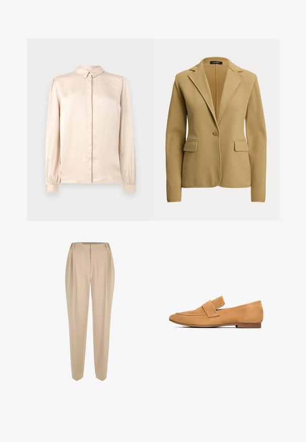 Beige blazer met één knoop, met ingaande revers, twee klepzakken en lange mouwen, gemaakt van gebreide stof.; Beige satijnen overhemd met lange mouwen, met een button-down kraag, een voorplat en gathering in de mouwen bij de manchetten. Glad, glanzend textuur.; Beige op maat gemaakte broeken met riemlussen, rechte pijpen en een verborgen voorknopen, gepresenteerd op een witte achtergrond.; Tan suède instappers met een platte hak, ronde neus en een gestikte band over de wreef voor een verfijnde afwerking.
