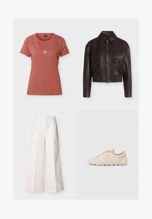Blouson aviateur en cuir marron foncé avec fermeture éclair sur le devant, poches latérales à rabat, ourlet et col côtelés, présenté sur un fond uni.; T-shirt à manches courtes couleur rouille avec un col rond et un petit graphisme de soleil rose avec le texte "AMAR EL SOL" sur la poitrine.; Pantalon à jambes larges en coton blanc, avec poches avant et coutures détaillées. Texture lisse avec un design épuré et minimaliste.; Baskets avec une tige en cuir crème et daim, présentant deux bandes horizontales beiges et une semelle en caoutchouc, design à bout arrondi, fermeture à lacets.
