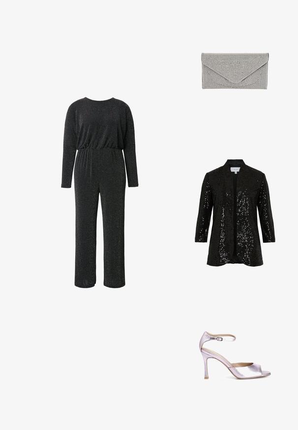 Sort paljettjakke med sjalskrave, åben front og lange ærmer. Har et tekstureret stof og en glat foring.; Sort jumpsuit lavet af et struktureret, glitrende stof, med lange ærmer, rund halsudskæring, elastisk talje og vide benåbninger.; Metallic lavendel højhælede sandal med åben tå-design, ankelrem og en slank stiletto hæl. Glat tekstur og elegant finish.; Sølv clutch med en tekstureret, nittet overflade. Har et kuvertdesign med skrå flaplukning og kontrasterende sort kant.