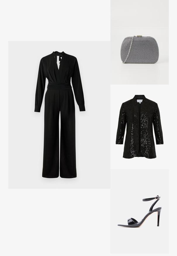 Veste noire à sequins avec un col châle, ouverture sur le devant et manches longues. Présente un tissu texturé et une doublure lisse.; Combinaison noire à manches longues, col en V profond et fermeture à nouer au niveau du cou. Comprend une taille ajustée et un design à jambes larges. Texture de tissu lisse.; Sandale à talon haut en cuir verni noir, à bout ouvert, avec bride à la cheville et fermeture à boucle, vue de profil sur fond blanc.; Pochette texturée noir et blanc de forme arrondie, avec une chaîne en métal argenté et un fermoir en métal en haut.