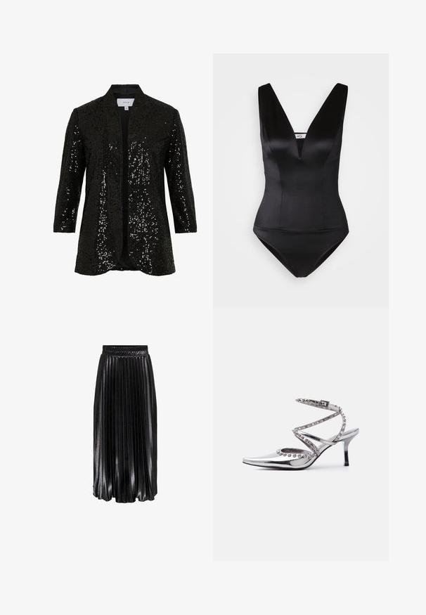 Veste noire à sequins avec un col châle, ouverture sur le devant et manches longues. Présente un tissu texturé et une doublure lisse.; Maillot de bain une pièce noir avec un décolleté en V plongeant, finition satinée lisse et design ajusté. Pas de motifs ni d'ornements visibles.; Jupe midi plissée noire avec une finition brillante, taille élastique et plis verticaux prononcés, offrant une apparence texturée et fluide.; Chaussure à talon haut argentée à bout pointu avec bride à la cheville et clous décoratifs en forme de boules argentées sur les lanières et les bords, sur fond blanc.