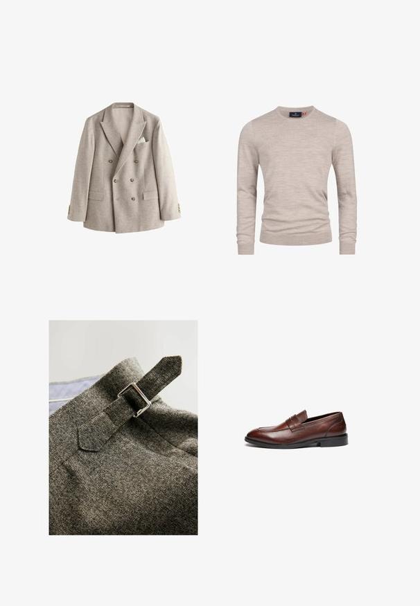 Lysebeige dobbeltradet blazer med brede revers, seks knapper, to forlommer med klap og et hvidt lommetørklæde i brystlommen.; Beige strikket sweater med lange ærmer, rund hals, ribbede manchetter og kant, lavet af et blødt og let stof.; Grå tekstureret stof med en spænde rem detalje. Designet har et moderne snit og synlige syninger.; Brune læder loafers med en glat finish, rund tå, dekorativ rem og sort gummisål. Har minimal syning detaljer.