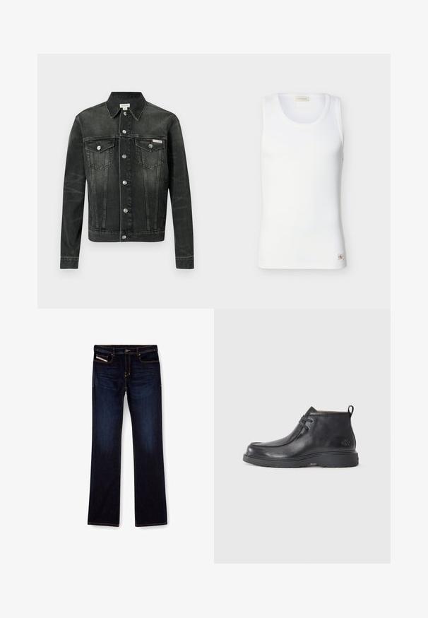 Chaqueta vaquera gris oscuro con cuello clásico, cierre de botones, dos bolsillos en el pecho y una etiqueta con el logo. Presenta un ajuste estructurado y una textura suave.; Camiseta sin mangas blanca acanalada con escote redondo y pequeña etiqueta con el logo de Calvin Klein cerca del dobladillo sobre un fondo liso.; Jeans de mezclilla de color azul oscuro con corte recto, con costuras naranjas, cremallera en la bragueta y bolsillos delanteros. Textura suave y cinturilla estándar.; Botas de cuero negras hasta el tobillo con punta redondeada, diseño con cordones y una lengüeta en la parte trasera. Parte superior texturizada y suela de goma.