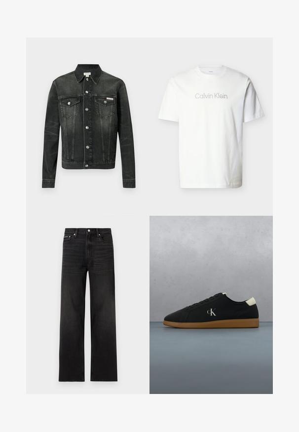 Dunkelgraue Jeansjacke mit klassischem Kragen, Knopfleiste, zwei Brusttaschen und einem Logotag. Sie zeichnet sich durch eine strukturierte Passform und eine glatte Textur aus.; Weißes T-Shirt mit kurzen Ärmeln aus Baumwolle, mit einem grauen "Calvin Klein"-Logo auf der Brust in minimalistischer Schrift.; Schwarze Jeans mit geraden Beinen, fünf Taschen, Gürtelschlaufen und Knopfverschluss, auf weißem Hintergrund dargestellt.; Schwarze Leinensneaker mit einer Gummisohle, featuring einem silbernen "cK"-Logo an der Seite und einem weißen Akzent an der Ferse. Niedrig geschnittenes Design.
