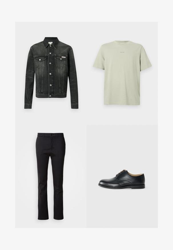 Veste en jean gris foncé avec col classique, fermeture à boutons, deux poches poitrine et une étiquette logo. Présente une coupe structurée et une texture lisse.; T-shirt en coton vert clair avec un col rond, des manches courtes et un petit logo Calvin Klein imprimé en une teinte plus foncée sur la poitrine.; Pantalon noir en tissu lisse, avec une coupe droite, une taille standard avec une fermeture à bouton à l'avant, et sans motifs visibles.; Calvin Klein ESS DERBY - Derbies - triple black