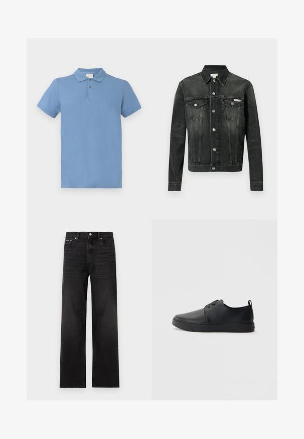 Dunkelgraue Jeansjacke mit klassischem Kragen, Knopfleiste, zwei Brusttaschen und einem Logotag. Sie zeichnet sich durch eine strukturierte Passform und eine glatte Textur aus.; Hellblaues Poloshirt aus Baumwolle, mit einer Knopfleiste mit drei Knöpfen, kurzen Ärmeln und einem dezenten auf der Brust gestickten Logo.; Schwarze Jeans mit geraden Beinen, fünf Taschen, Gürtelschlaufen und Knopfverschluss, auf weißem Hintergrund dargestellt.; Schwarze Leder-Sneaker mit glatter Oberfläche, abgerundeter Zehenpartie, gleichfarbiger Nähte, schnürbarem Vorderteil und flacher Gummisohle. Schlaufe an der Ferse.