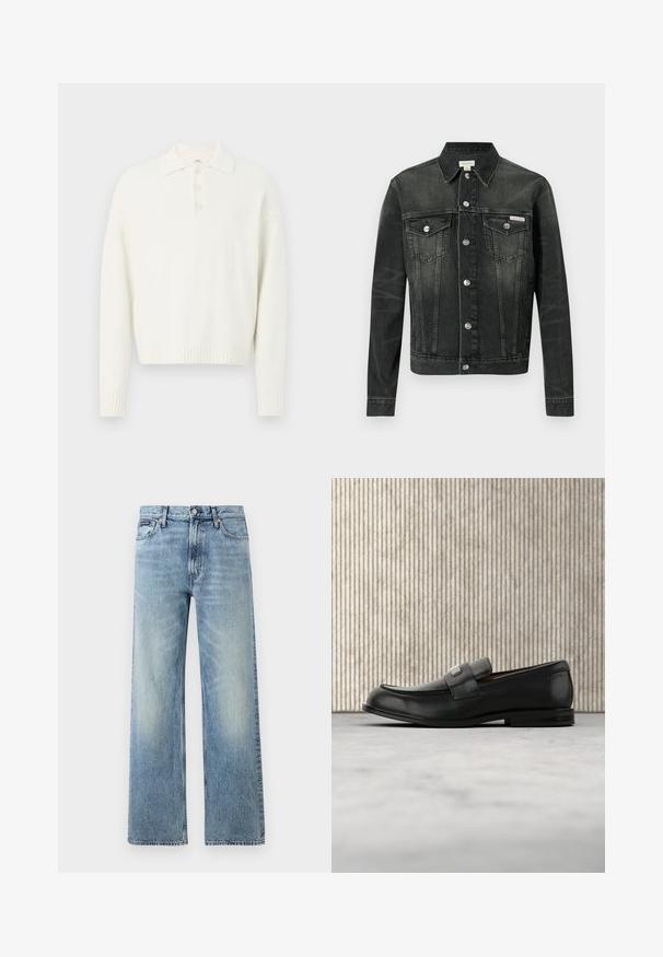 Chaqueta vaquera gris oscuro con cuello clásico, cierre de botones, dos bolsillos en el pecho y una etiqueta con el logo. Presenta un ajuste estructurado y una textura suave.; Suéter blanco de cuello con tres botones en la parte delantera y puños y dobladillo acanalados. Tejido suave y texturizado con un ajuste relajado.; Vaqueros de mezclilla azul claro de corte recto con cintura alta, cinco bolsillos, cierre de botón y sutil desgaste en los muslos y las rodillas.; Mocasín de cuero negro con una placa metálica de marca apoyado cerca de una mesa redonda marrón sobre un suelo alfombrado beige.