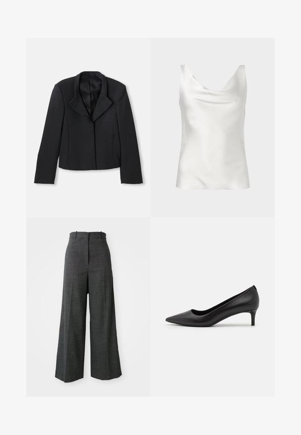 Blazer corto negro con una textura suave, solapas anchas y cierre de un solo botón. Presenta dos bolsillos laterales y un diseño ajustado.; Top camisola sin mangas de satén blanco con escote drapeado y textura suave y brillante.; Pantalones de cuadros grises de pierna ancha con cintura alta, que presentan pliegues frontales, textura vertical y sin hardware ni acentos visibles.; Zapato de charol negro con punta afilada y tacón bajo. Textura suave, diseño elegante y detalles sutiles en el tacón.