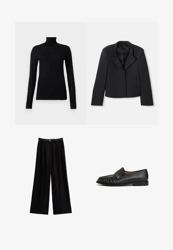 Sort cropped blazer med en glat tekstur, bred krave og enkelt knaplukning. Har to sidelommer og skræddersyet design.; Sort turtleneck sweater lavet af blødt, letvægtsmateriale. Har lange ærmer og en tætsiddende stil med høj krave.; Bredde ben sorte bukser lavet af blødt stof, med skarpe folder og et tekstureret sort bælte med en gylden spænde.; Sorte læder loafers med rund tå, gathering-detaljer foran og flad sål. Minimalistisk design med glat tekstur.