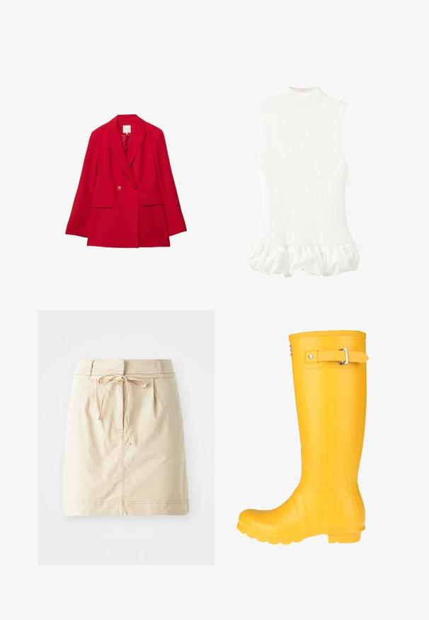 Blazer en laine rouge avec un revers à encoche, fermeture à deux boutons et deux poches avant. Doté d'une doublure intérieure lisse et d'une coupe ajustée.; Haut sans manches blanc avec un col haut, texture côtelée et un ourlet volant. Conçu avec une silhouette ajustée. Fabriqué en tissu tricoté.; Jupe kaki en tissu léger avec une taille ajustée, des détails de cordon de serrage, des plis et des coutures subtiles. Texture lisse.; Botte de pluie en caoutchouc jaune avec une surface lisse, une sangle à boucle réglable et une semelle texturée pour une meilleure adhérence. Design haut, orteil arrondi et corps sans couture.