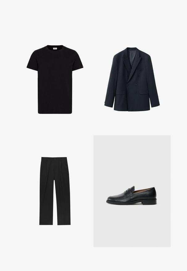 Veste noire croisée à double boutonnage avec revers à pointe, six boutons, deux poches à rabat à l'avant et une poche poitrine passepoilée, suspendue avec les manches étendues.; T-shirt noir en coton avec un col rond, des manches courtes et un ourlet droit. Présente une petite étiquette logo sur le côté inférieur. Style ajusté.; Pantalons noirs au design droit, fabriqués à partir d'un tissu lisse. Dotés de plis sur le devant et d'une fermeture à un bouton à la taille.; Mocassins en cuir noir avec un bout arrondi, présentant un détail de sangle à l'avant et un petit talon solide. Texture lisse et design épuré.
