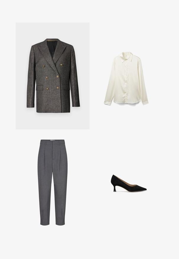 Blazer gris de doble botonadura con patrón de raya diplomática, botones en tono dorado y solapas con muescas. Confeccionado en tela texturizada y con bolsillos laterales.; Blusa de manga larga color crema con cuello clásico, textura satinada y cierre frontal con botones. Dobladillo inferior ligeramente curvado.; Pantalones grises ajustados de cintura alta, con pliegues frontales y pierna ajustada. Fabricados en un tejido texturizado con un acabado limpio.; Zapato de tacón de ante negro con puntera afilada, tacón cuadrado bajo y forro interior suave. Diseño simple sin patrones ni acentos visibles.