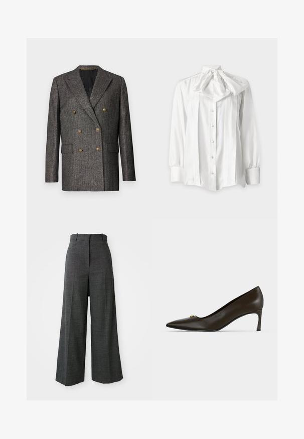Dobbeltknappet grå blazer med finstribet mønster, guldtonede knapper og klippede slag. Fremstillet af tekstureret stof med sidelommer.; Hvid bluse med lange ærmer, frontknapper og en stor bundet sløjfe ved halsen, med plisserede detaljer foran.; Gråternet vidde bukser med høj talje, der har forkantfoldninger, vertikal struktur og uden synligt hardware eller detaljer.; Mørkebrune læder pumps med spids tå, mellemtynd hæl og lille guldbeklædning nær tåen.